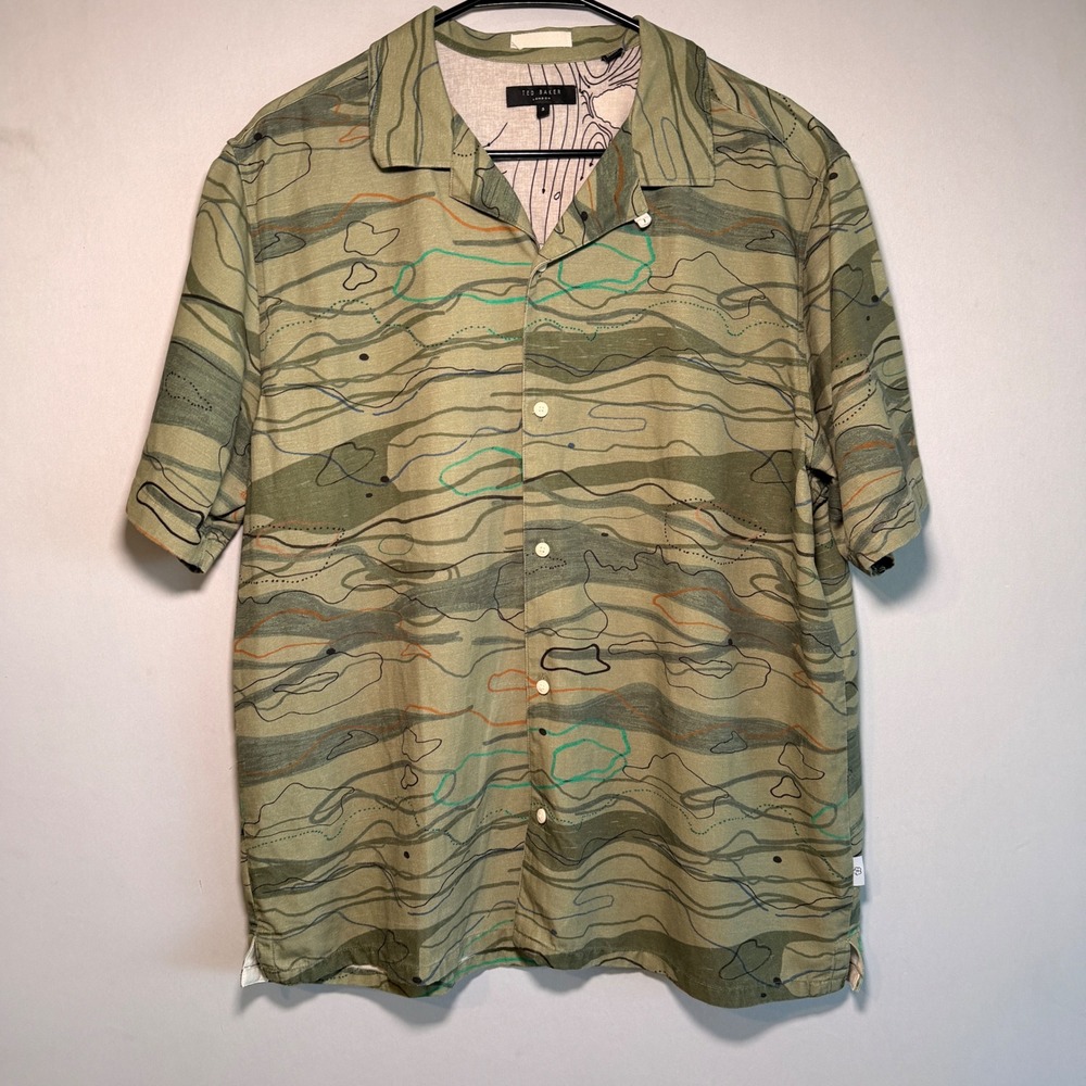 Ted Baker Camp Shirt Mens XL Green Topographic Briary Map Lyocell Linen Gorpcore